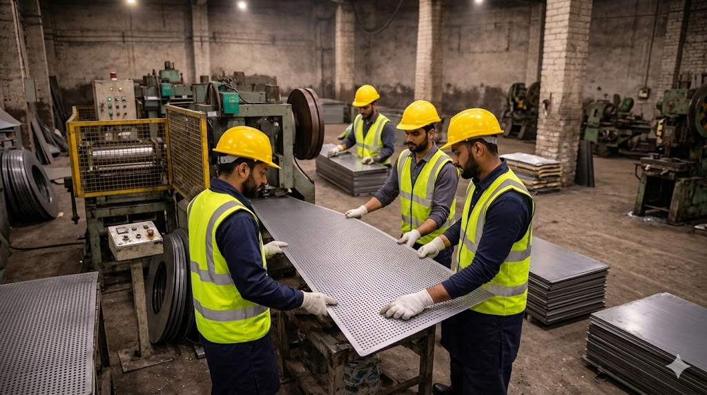 Workers with perforated metal sheet